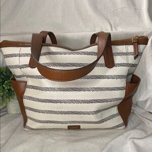 Fossil Neutral Striped Sydney Satchel Tote Bag